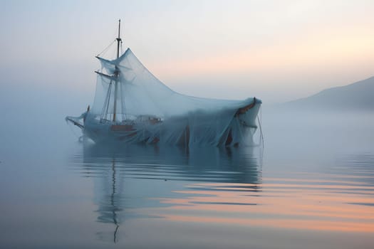 spectral ghost ship at foggy morning or evening. Neural network generated image. Not based on any actual person or scene.