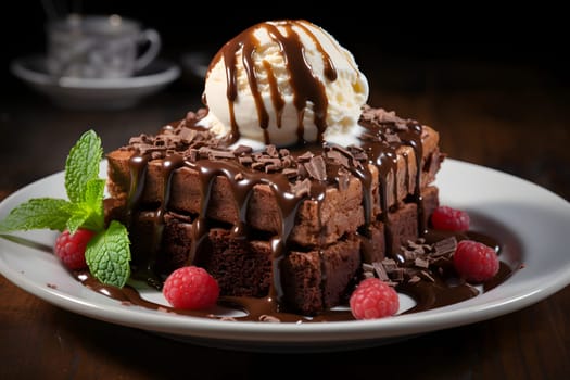 Slice of delicious and rich chocolate cake, served with a scoop of vanilla ice cream on top and raspberries and blueberries. Neural network generated image. Not based on any actual person or scene.
