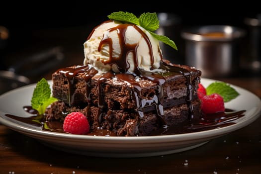 Slice of delicious and rich chocolate cake, served with a scoop of vanilla ice cream on top and raspberries. Neural network generated image. Not based on any actual person or scene.