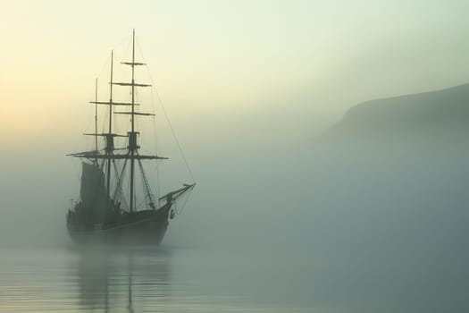spectral ghost ship at foggy morning or evening. Neural network generated image. Not based on any actual person or scene.