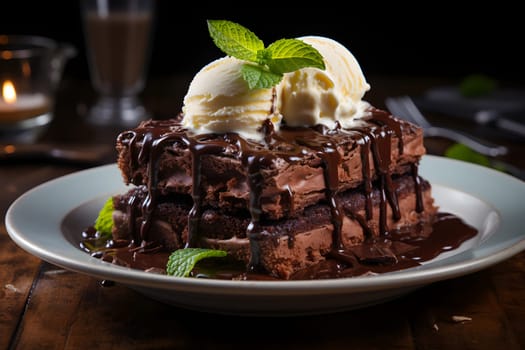 Slice of delicious and rich chocolate cake, served with a scoop of vanilla ice cream on top. Neural network generated image. Not based on any actual person or scene.