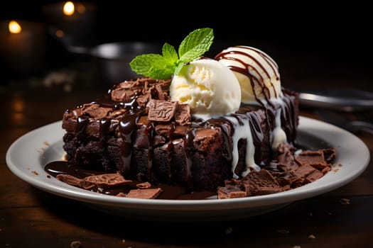 Slice of delicious and rich chocolate cake, served with a scoop of vanilla ice cream on top. Neural network generated image. Not based on any actual person or scene.