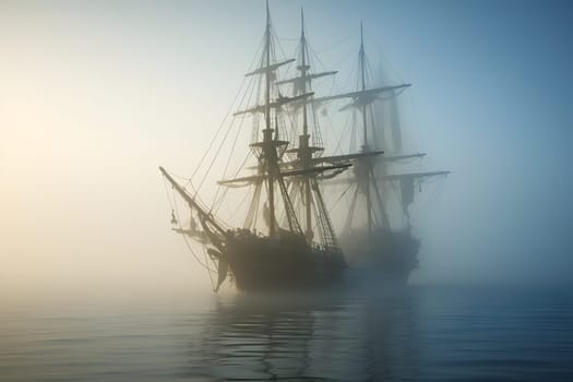 spectral ghost ship at foggy morning or evening. Neural network generated image. Not based on any actual person or scene.