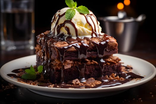 Slice of delicious and rich chocolate cake, served with a scoop of vanilla ice cream on top. Neural network generated image. Not based on any actual person or scene.