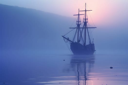 spectral ghost ship at foggy morning or evening. Neural network generated image. Not based on any actual person or scene.