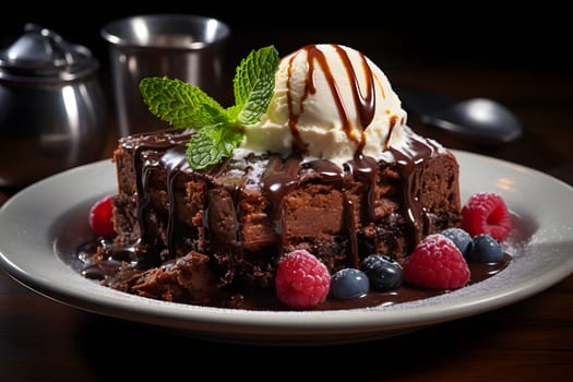 Slice of delicious and rich chocolate cake, served with a scoop of vanilla ice cream on top and raspberries and blueberries. Neural network generated image. Not based on any actual person or scene.
