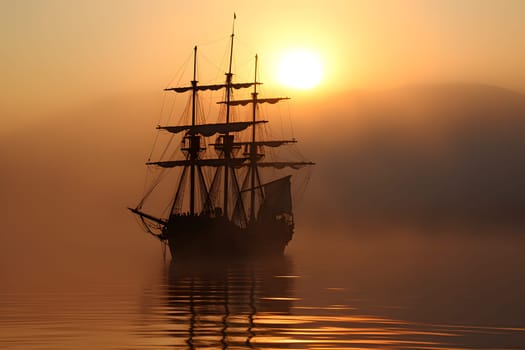 spectral ghost ship at foggy morning or evening. Neural network generated image. Not based on any actual person or scene.