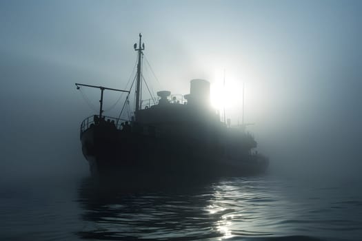 spectral ghost ship at foggy morning or evening. Neural network generated image. Not based on any actual person or scene.