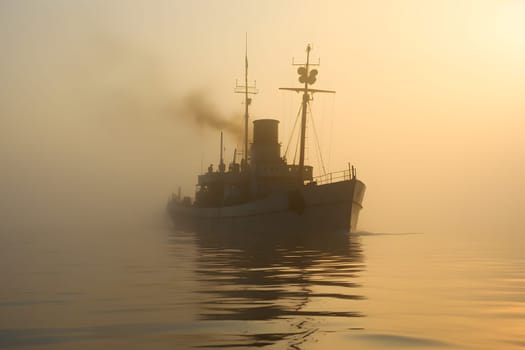 spectral ghost ship at foggy morning or evening. Neural network generated image. Not based on any actual person or scene.