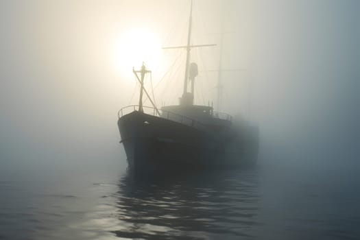 spectral ghost ship at foggy morning or evening. Neural network generated image. Not based on any actual person or scene.