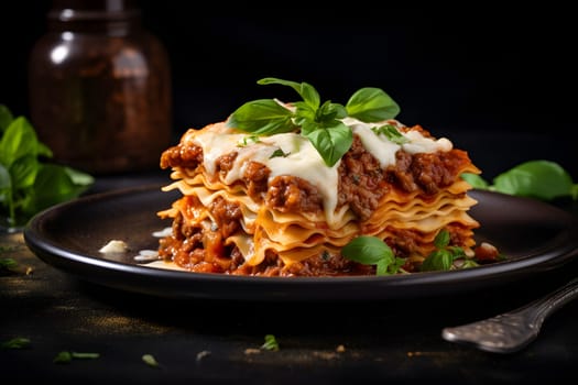 classic Italian lasagna with layers of pasta on black plate on table on dark background. Neural network generated image. Not based on any actual person or scene.