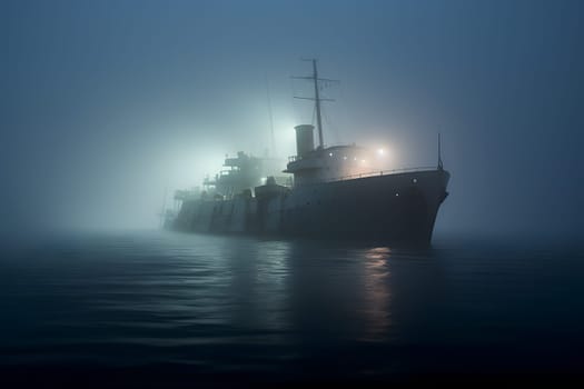 spectral ghost ship at foggy. Neural network generated image. Not based on any actual person or scene.