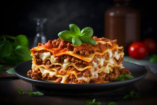 classic Italian lasagna with layers of pasta on black plate on table on dark background. Neural network generated image. Not based on any actual person or scene.