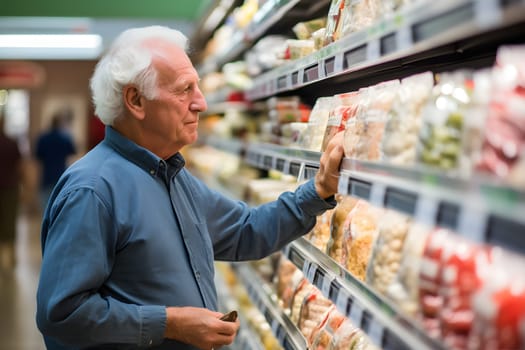 senior Caucasian man choosing a product in a grocery store. Neural network generated image. Not based on any actual person or scene.