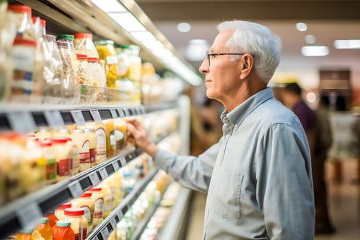 senior Caucasian man choosing a product in a grocery store. Neural network generated image. Not based on any actual person or scene.