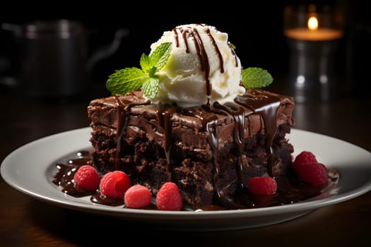 Slice of delicious and rich chocolate cake, served with a scoop of vanilla ice cream on top and raspberries. Neural network generated image. Not based on any actual person or scene.