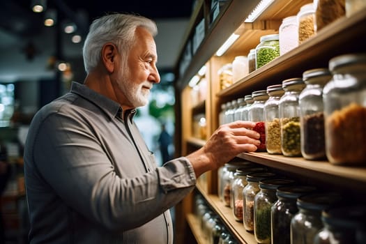 senior Caucasian man choosing a product in a grocery store. Neural network generated image. Not based on any actual person or scene.