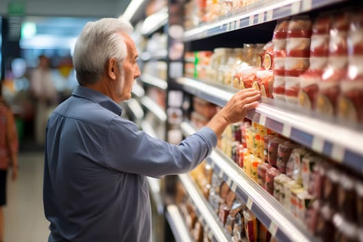 senior Caucasian man choosing a product in a grocery store. Neural network generated image. Not based on any actual person or scene.