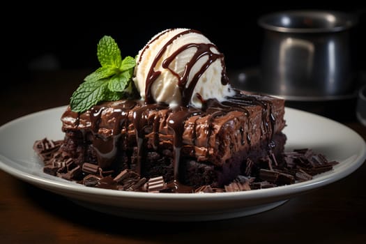 Slice of delicious and rich chocolate cake, served with a scoop of vanilla ice cream on top. Neural network generated image. Not based on any actual person or scene.