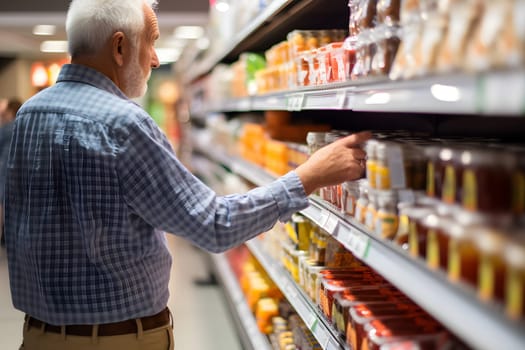 senior Caucasian man choosing a product in a grocery store. Neural network generated image. Not based on any actual person or scene.