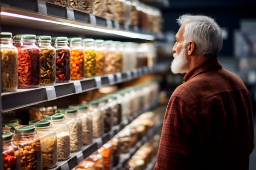 senior Caucasian man choosing a product in a grocery store. Neural network generated image. Not based on any actual person or scene.