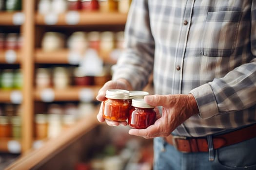 senior Caucasian man hands holding a product in a grocery store. Neural network generated image. Not based on any actual person or scene.