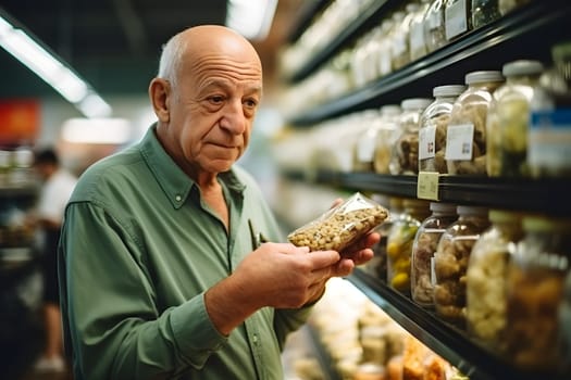 senior Caucasian man choosing a product in a grocery store. Neural network generated image. Not based on any actual person or scene.