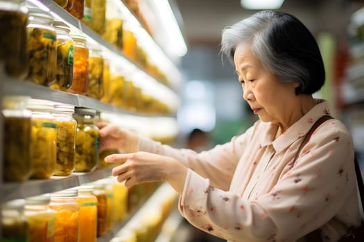 senior Asian person choosing a product in a grocery store. Neural network generated image. Not based on any actual person or scene.