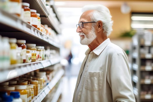 senior Caucasian man choosing a product in a grocery store. Neural network generated image. Not based on any actual person or scene.