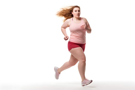 Overweight young adult Caucasian woman running on white background, concept of overweight and weight loss. Neural network generated image. Not based on any actual person or scene.