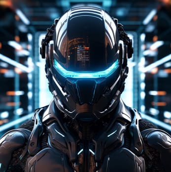 Cutting-edge Man cyber helmet. Play neon game. Generate Ai