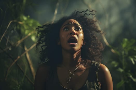 African American woman lost in forest at summer day. Neural network generated image. Not based on any actual person or scene.