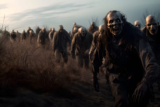 Group of zombies walking in autumn uncultivated field at evening. Not based on any actual person, scene or pattern.