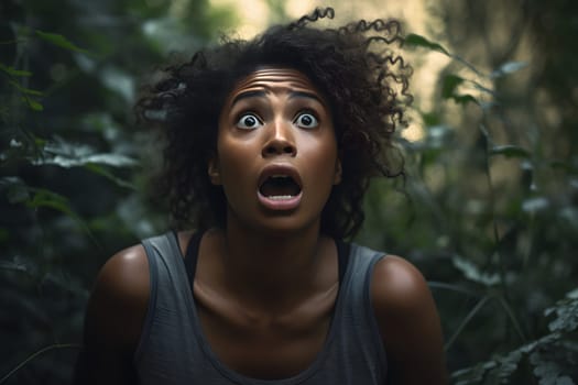 African American woman lost in forest at summer day. Neural network generated image. Not based on any actual person or scene.