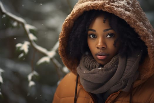 African American woman in forest at snowy winter day. Neural network generated image. Not based on any actual person or scene.