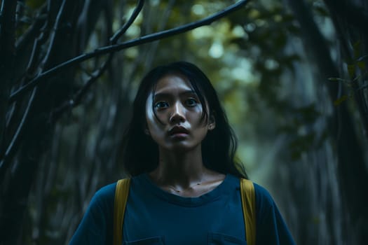 Asian woman lost in forest at summer day. Neural network generated image. Not based on any actual person or scene.