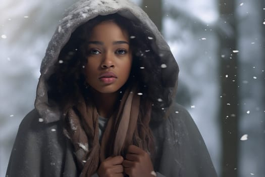 African American woman in forest at snowy winter day. Neural network generated image. Not based on any actual person or scene.