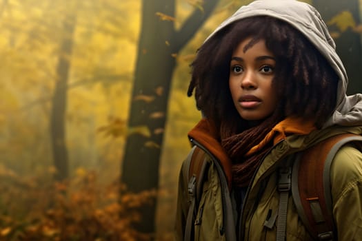 African American woman lost in forest at autumn day. Neural network generated image. Not based on any actual person or scene.