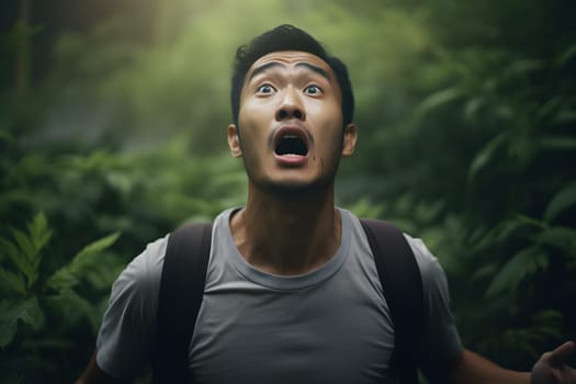 scared Asian young adult man lost in forest at summer. Neural network generated image. Not based on any actual person or scene.