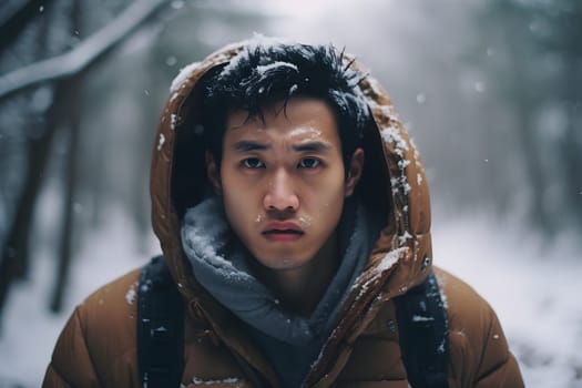 Asian young adult man lost in forest at snowy winter day. Neural network generated image. Not based on any actual person or scene.