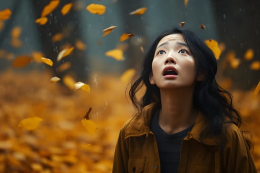 Asian woman lost in forest at autumn day. Neural network generated image. Not based on any actual person or scene.