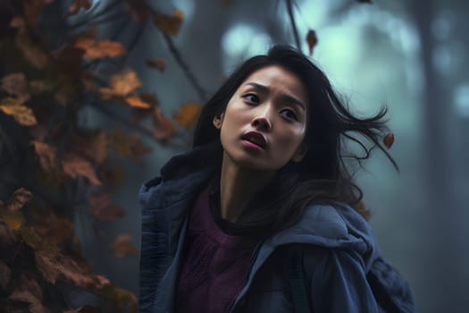 Asian woman in foggy forest at autumn day. Neural network generated image. Not based on any actual person or scene.