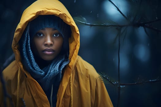 African American woman in forest at snowy winter evening. Neural network generated image. Not based on any actual person or scene.