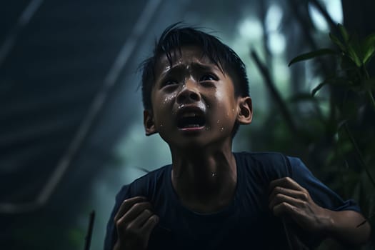 Asian boy lost in green forest at summer day. Neural network generated image. Not based on any actual person or scene.