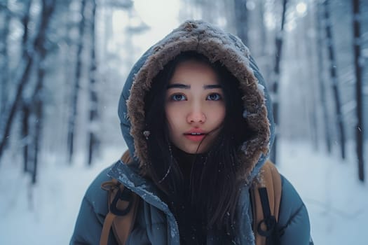 Asian woman lost in snowy winter forest at day. Neural network generated image. Not based on any actual person or scene.