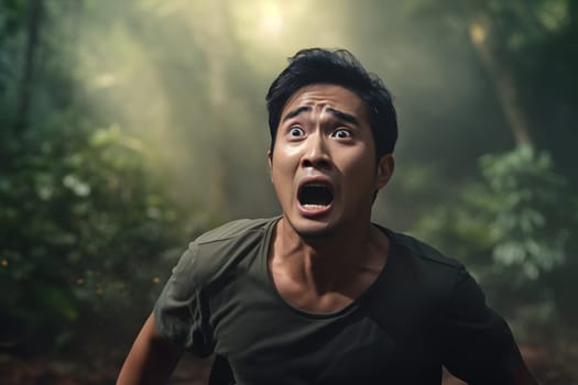 scared Asian young adult man lost in forest at summer. Neural network generated image. Not based on any actual person or scene.