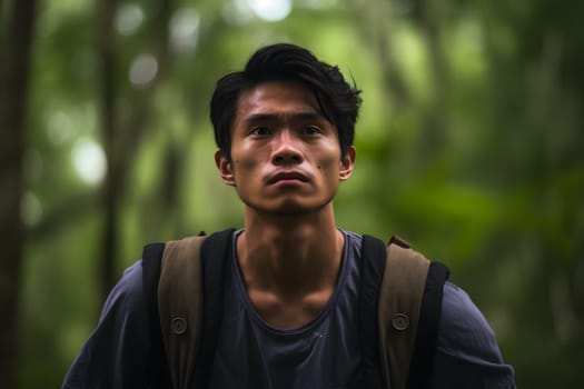 Asian man in summer forest at day. Neural network generated image. Not based on any actual person or scene.