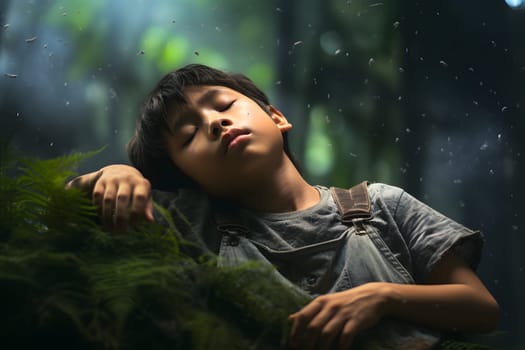 Asian boy sleeping in forest at summer day. Neural network generated image. Not based on any actual person or scene.