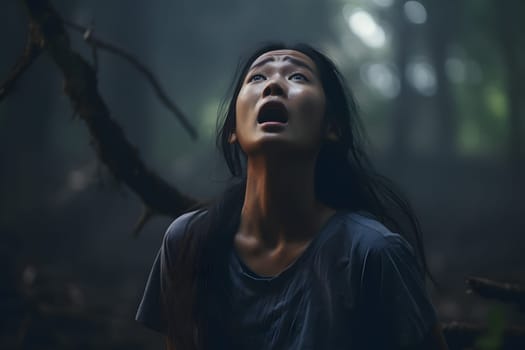 Asian woman lost in forest at summer day. Neural network generated image. Not based on any actual person or scene.