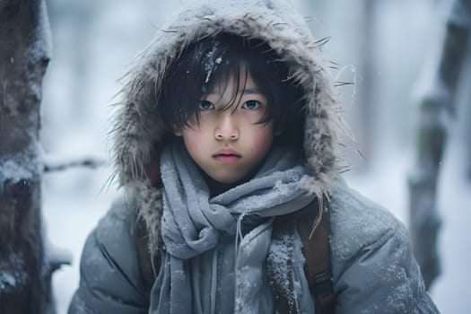 Asian boy lost in forest at snowy winter day. Neural network generated image. Not based on any actual person or scene.